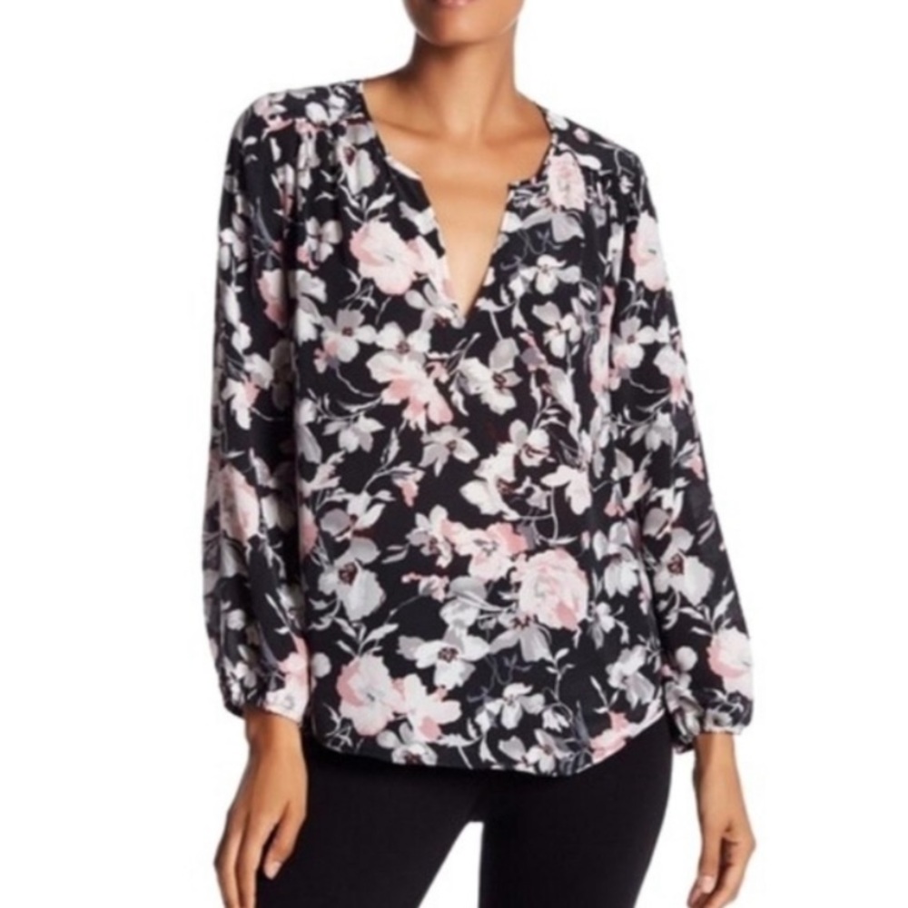 JOIE Odelette Caviar Silk Black Pink Floral Blouse - M